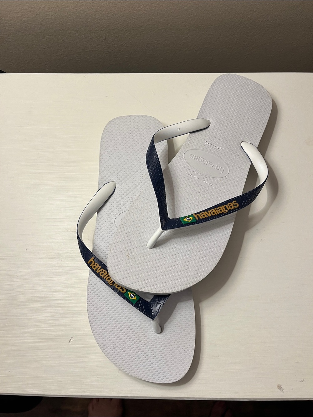 Havaianas White Flip Flops with Navy Straps and Brazilian Flag
